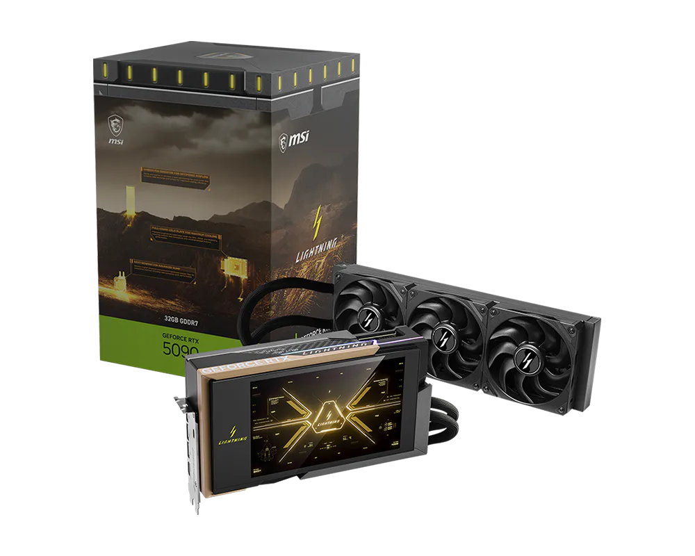 MSI GeForce RTX 5090 32G LIGHTNING Z Extreme Overclocking Graphics Card | 32GB GDDR7 | 512-bit | Liquid Cooling | 2775MHz Boost | 1000W Power | Dual 16-Pin | 8” Display | PCIe 5.0 | HDMI 2.1b | DP 2.1b