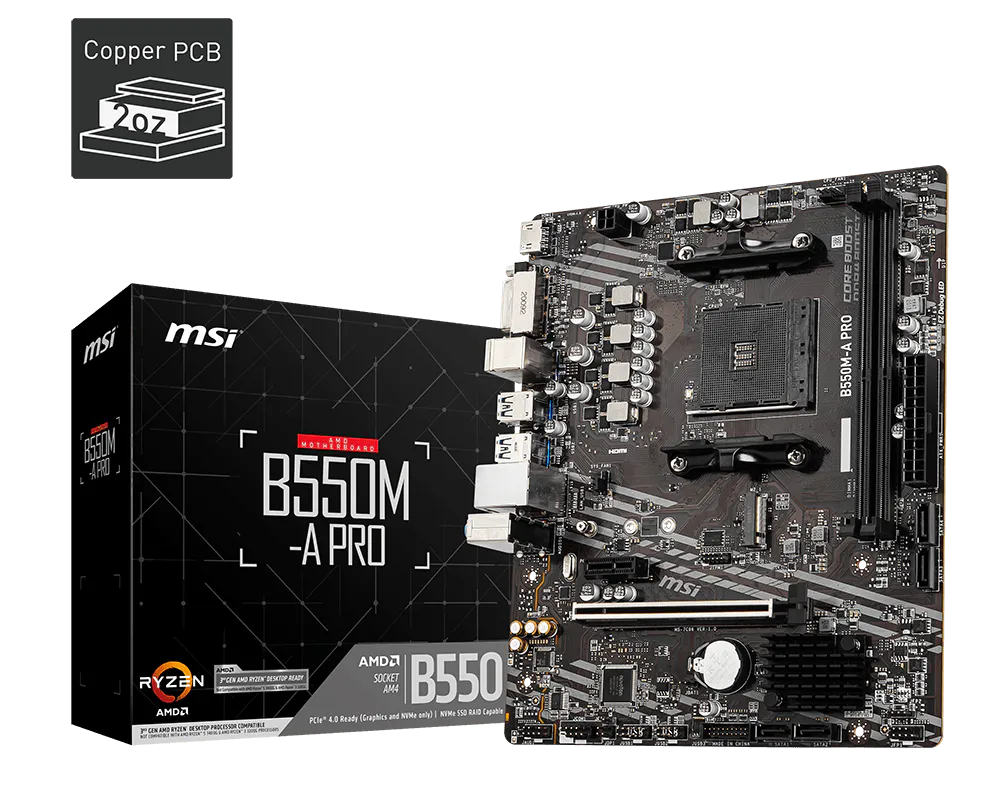 MSI B550M-A PRO Motherboard | AMD B550 | AM4 | DDR4 4600+ MHz (OC) | PCIe 4.0 x16 | Gen4 M.2 | HDMI | DVI-D | Gigabit LAN | Micro-ATX