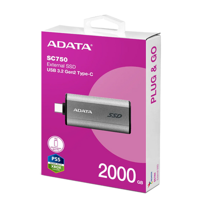 ADATA SC750 External SSD USB 3.2 Gen2 1050MB/s Read 1000MB/s Write Slide-Out Type-C Cableless - 2TB