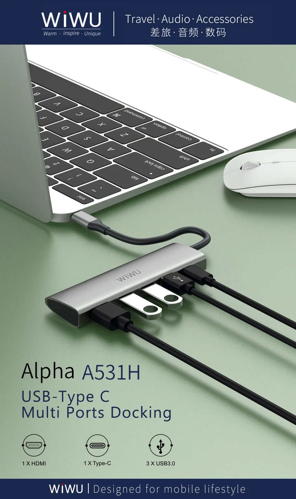 WIWU ALPHA 5 IN 1 USB-C HUB A531H | GRAY
