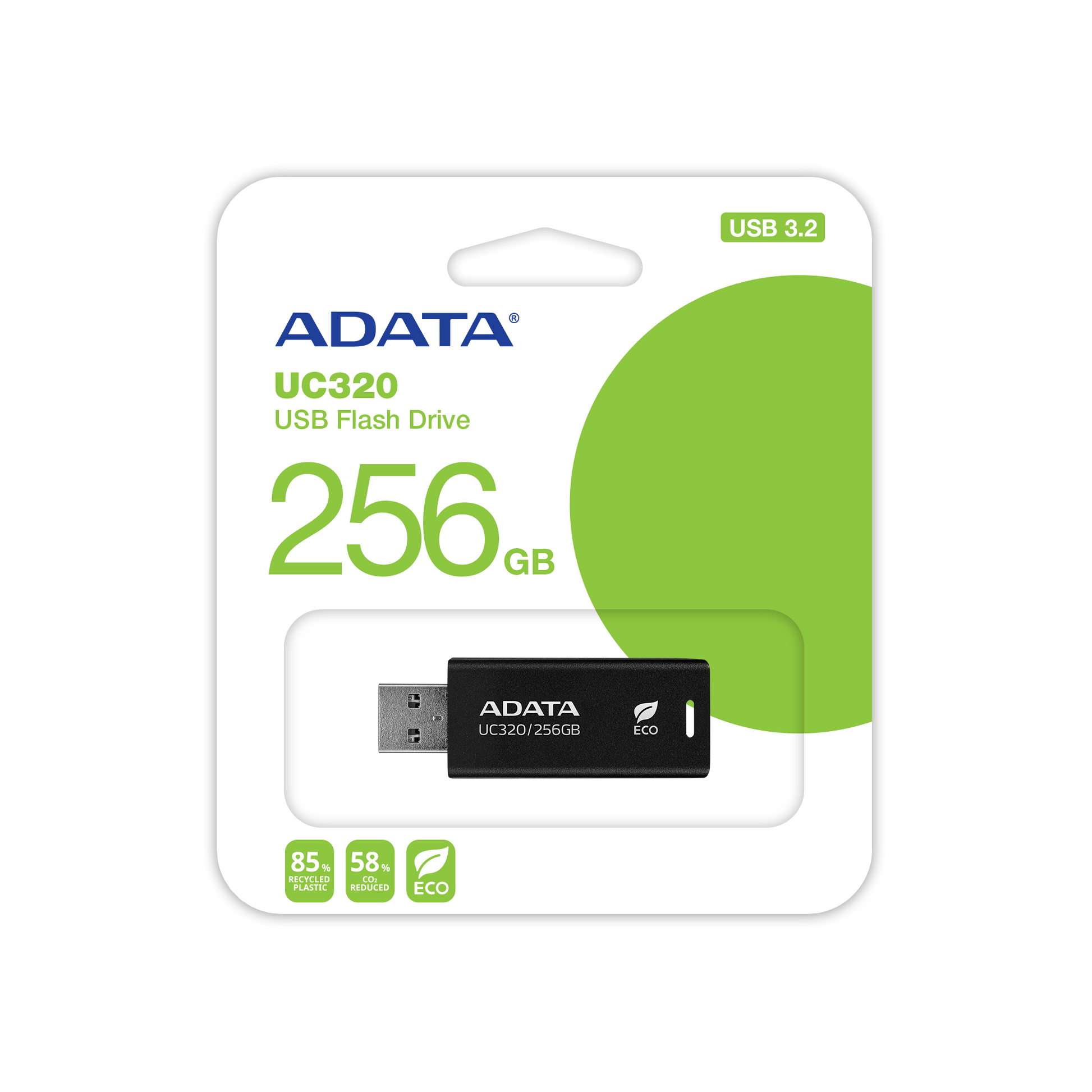 DATA UC320 USB 3.2 Gen1 Flash Drive 85% PCR Plastic Eco-Friendly Capless Sliding Connector - 256GB