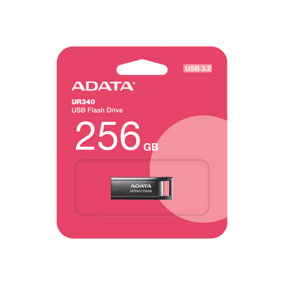 ADATA UR340 USB 3.2 Flash Drive Waterproof Dustproof Capless Glossy Black Nickel - 256GB