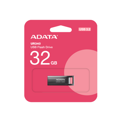 ADATA UR340 USB 3.2 Flash Drive Waterproof Dustproof Capless Glossy Black Nickel - 32GB