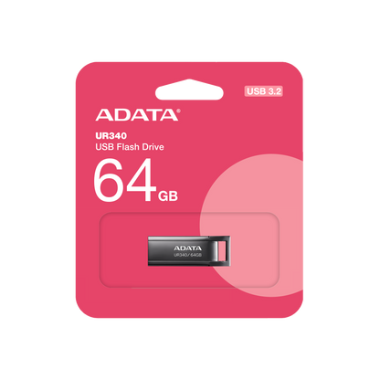 ADATA UR340 USB 3.2 Flash Drive Waterproof Dustproof Capless Glossy Black Nickel - 64GB